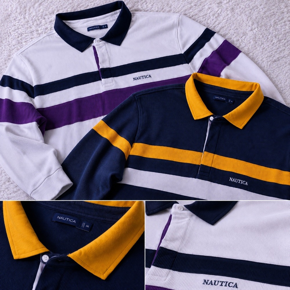 2 Pack Nautica Rugby Polo Mens 5XL Navy Blue Yellow Stripe L/S Waffle Knit Logo